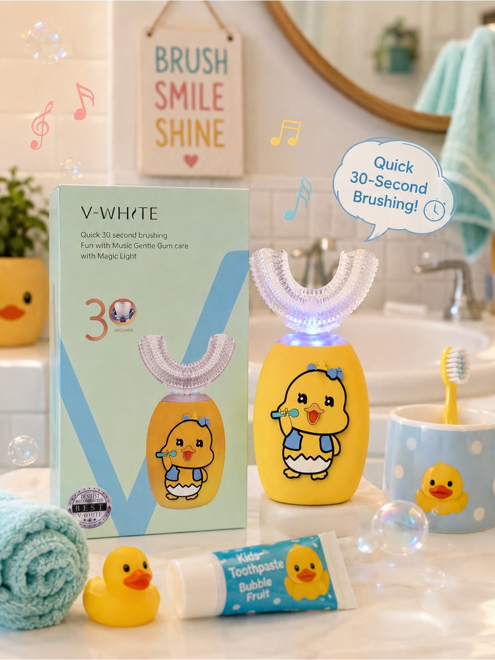 V WHITE Ultrasonic U Shaped Auto Brush for Kids NWT
